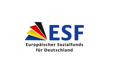 ESF-Logo mit stilisierter deutscher Flagge, Text: Europäischer Sozialfonds für Deutschland.