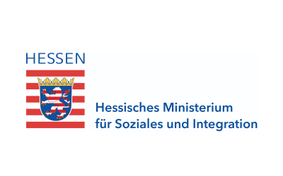 Logo des Hessischen Ministeriums für Soziales und Integration, mit gestreiftem Schild und Krone auf der linken Seite.