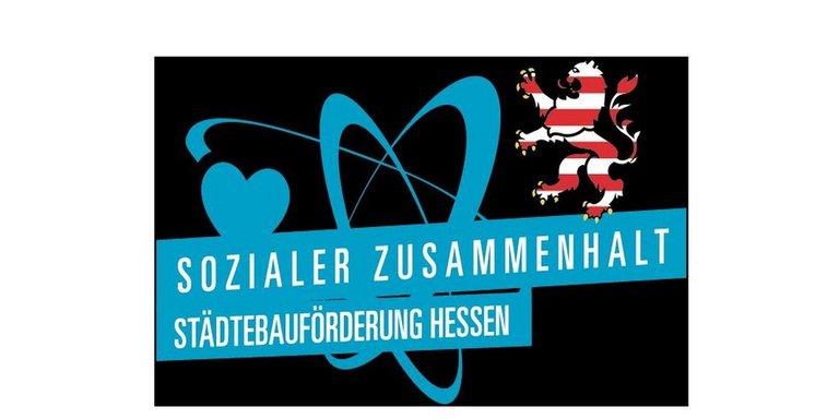 Logo mit blauem Herz, stilisierten Linien, einem rot-weißen Löwen und einem deutschen Text über den sozialen Zusammenhalt in Hessen.